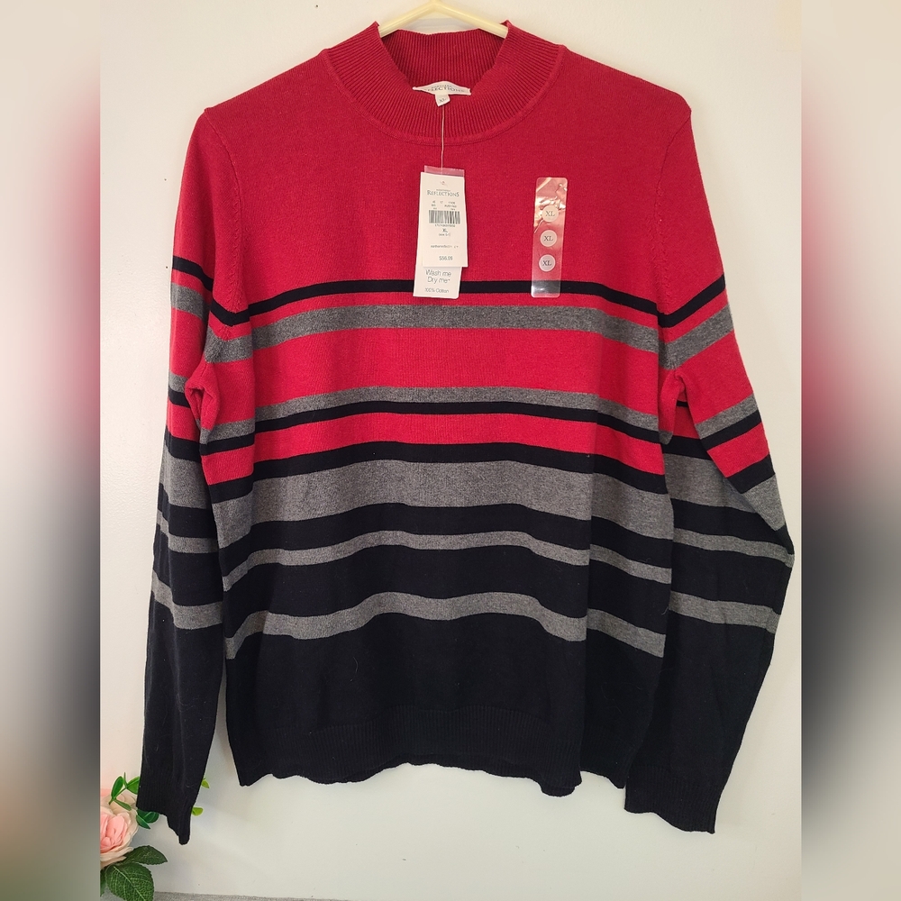 NWT Northern Reflections Sweater size XL Knit Striped, Cotton, Ruby‎ Red Pattern